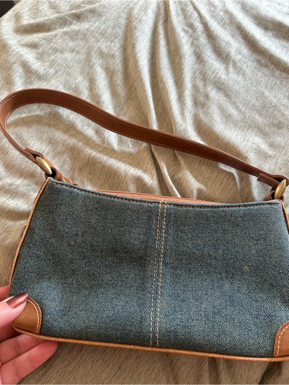 Casual Denim and Faux Brown Leather Mini Y2K Bag